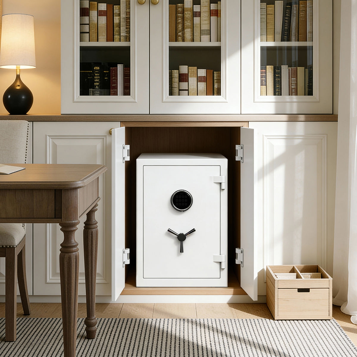 RPNB RPEFS66W white fireproof safe installed inside a white built-in cabinet next to a wooden desk with a bookcase and lamp