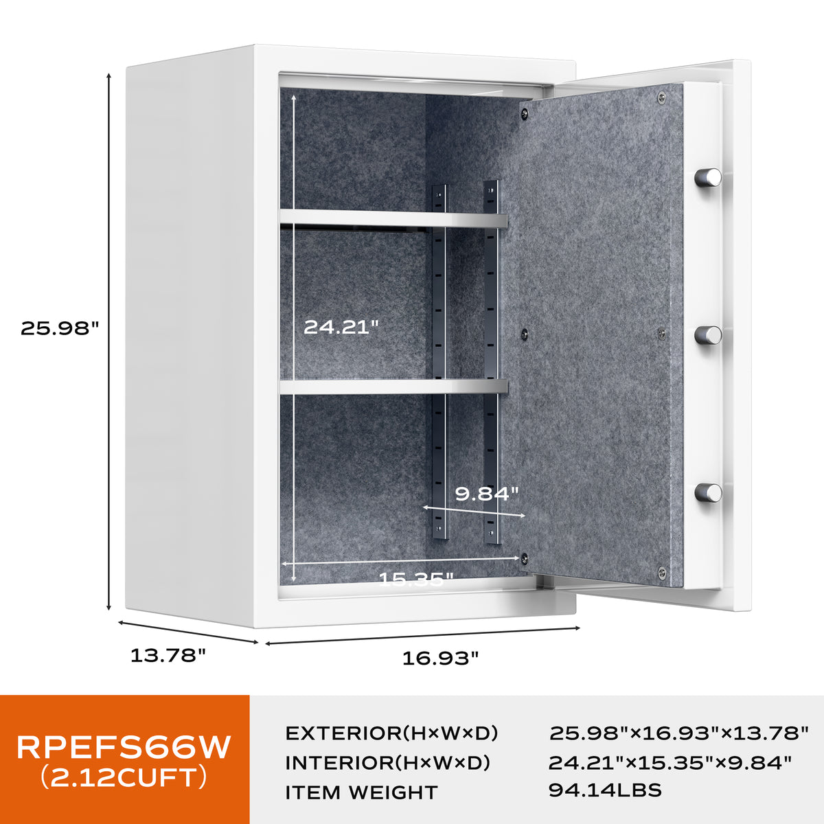 RPNB RPEFS66W fireproof safe dimensions callout: 25.98 inches tall by 16.93 wide by 13.78 deep, 2.12 cubic foot interior