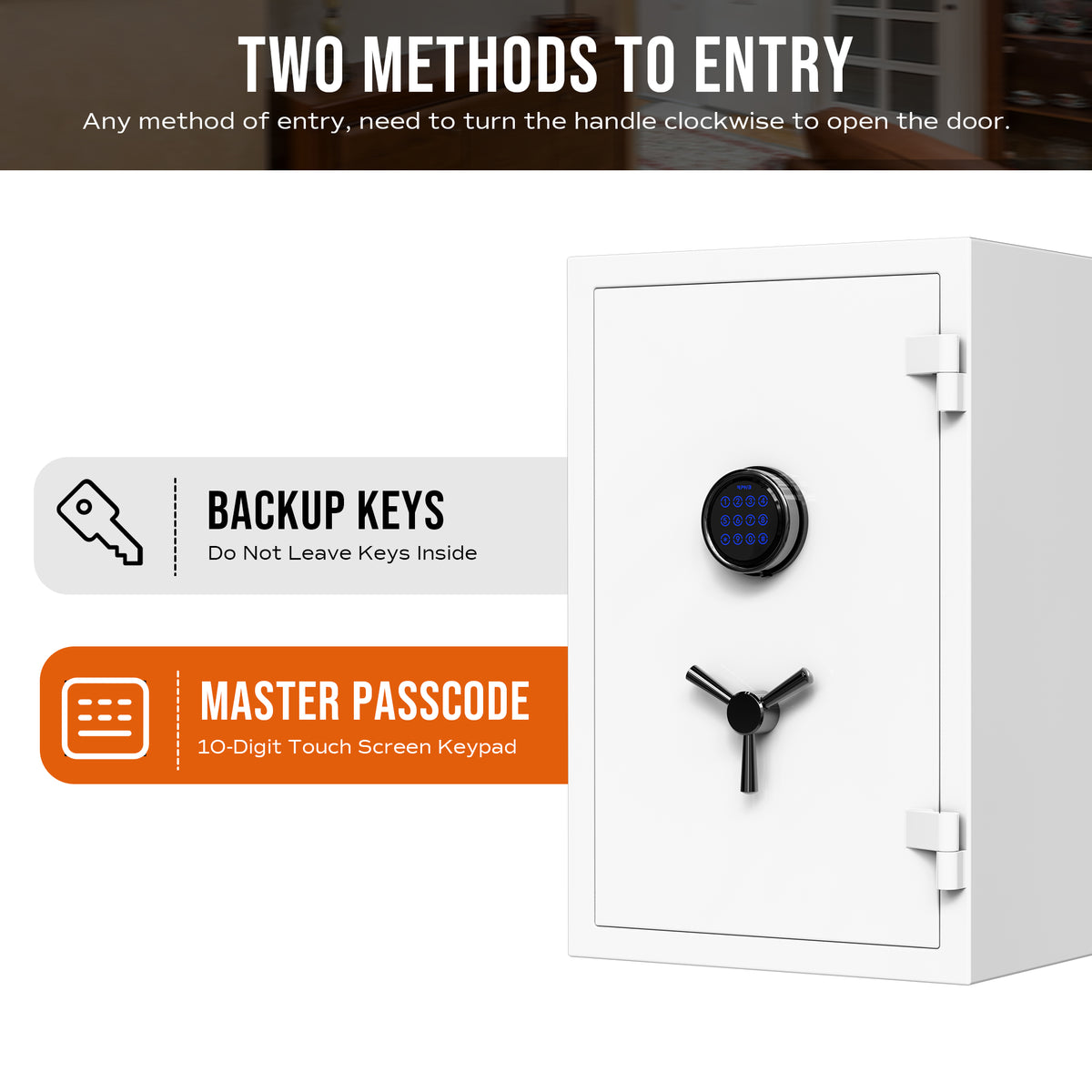 RPNB RPEFS66W fireproof safe entry methods: backup keys and 10-digit backlit master passcode keypad