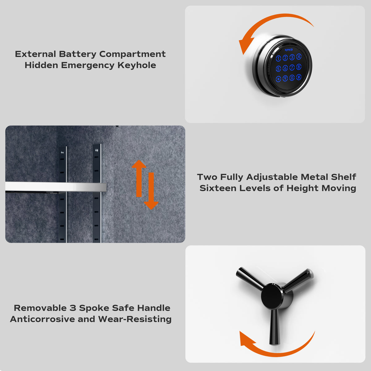 RPNB RPEFS66W fireproof safe features: external battery compartment, two adjustable interior shelves, and removable 3-spoke handle