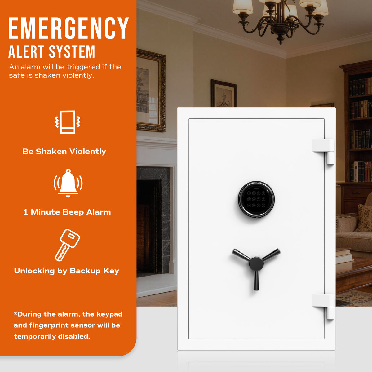 RPNB RPEFS66W fireproof safe emergency alert system: 1-minute beep alarm triggers if the safe is shaken violently
