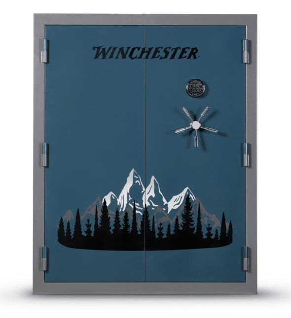 Winchester Evolution Bow Safe double-door with Winchester logo, mountain and pine tree graphic, and SecuRam keypad