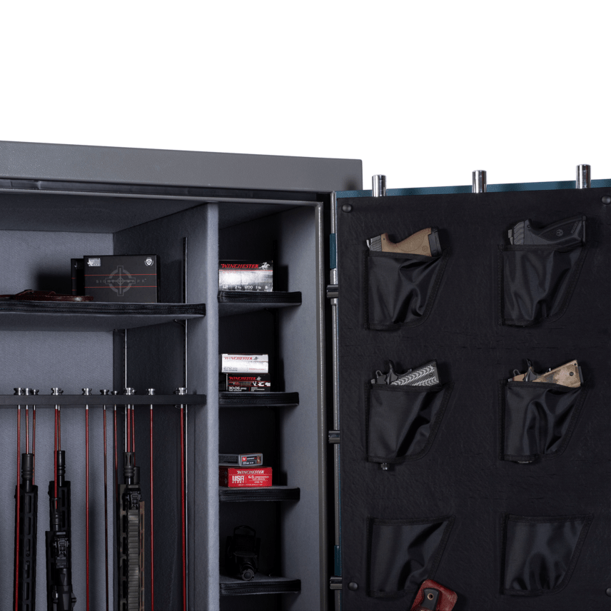 Winchester Evolution Bow Safe 12-pocket pistol door panel organizer with handguns and adjustable side shelves of ammo