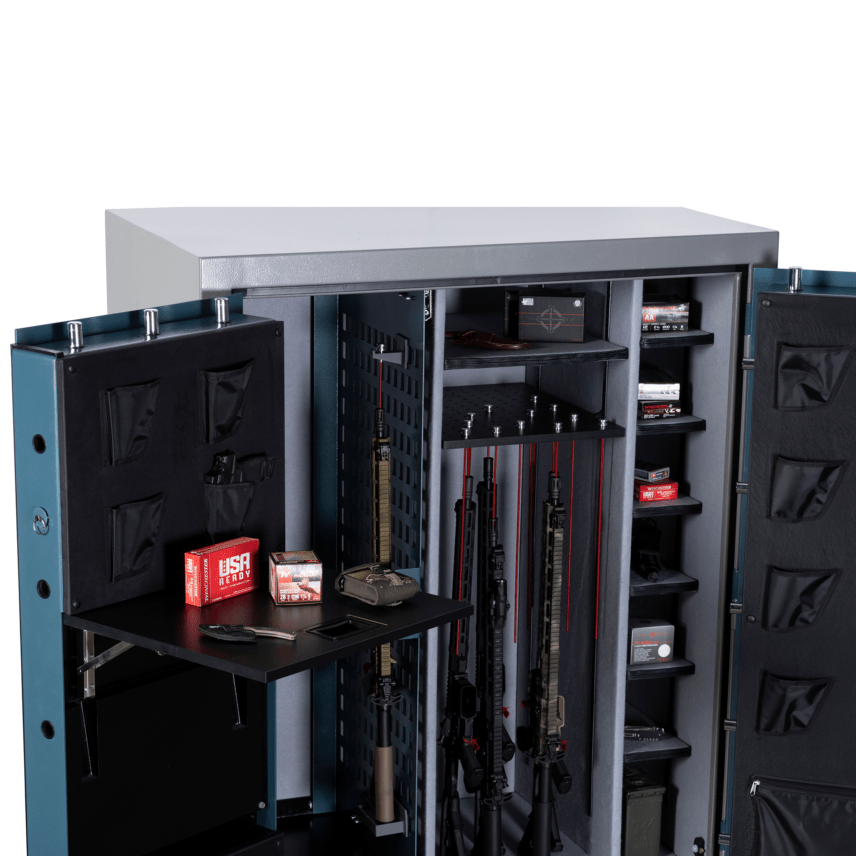 Winchester Evolution Bow Safe open with pull-up utility shelf deployed as a workspace alongside long guns on sliding grid