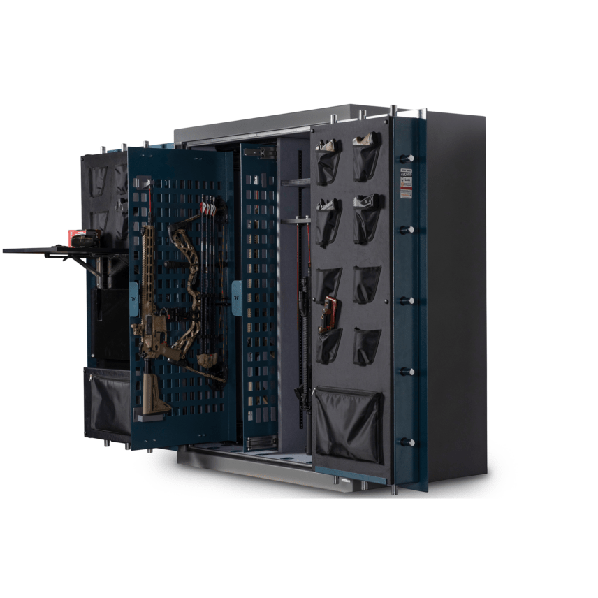Winchester Evolution Bow Safe open at angle with camo compound bow on sliding grid and pistol door panel organizers