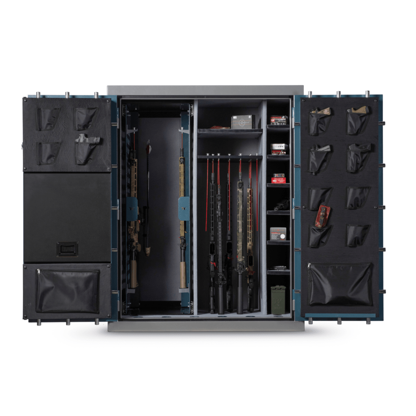 Winchester Evolution Bow Safe both doors open showing loaded interior, 12-pocket pistol organizer, and included dehumidifier