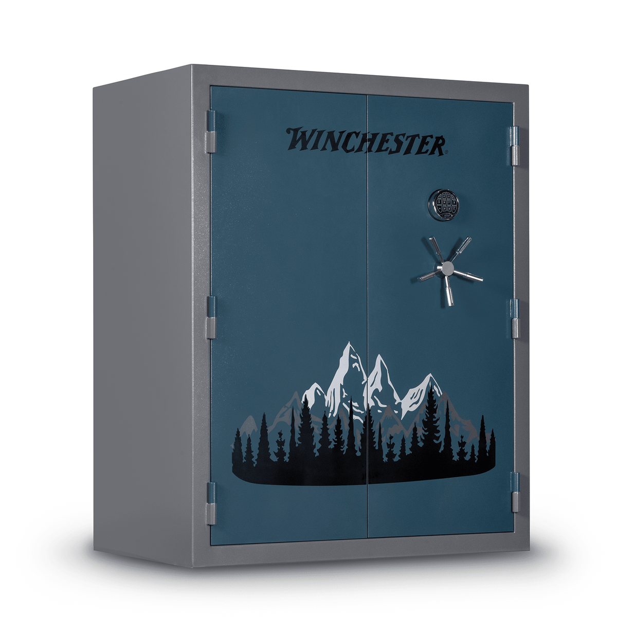 Winchester Evolution Bow Safe closed angled view showing gray-and-blue finish, mountain graphic, and chrome wheel handle