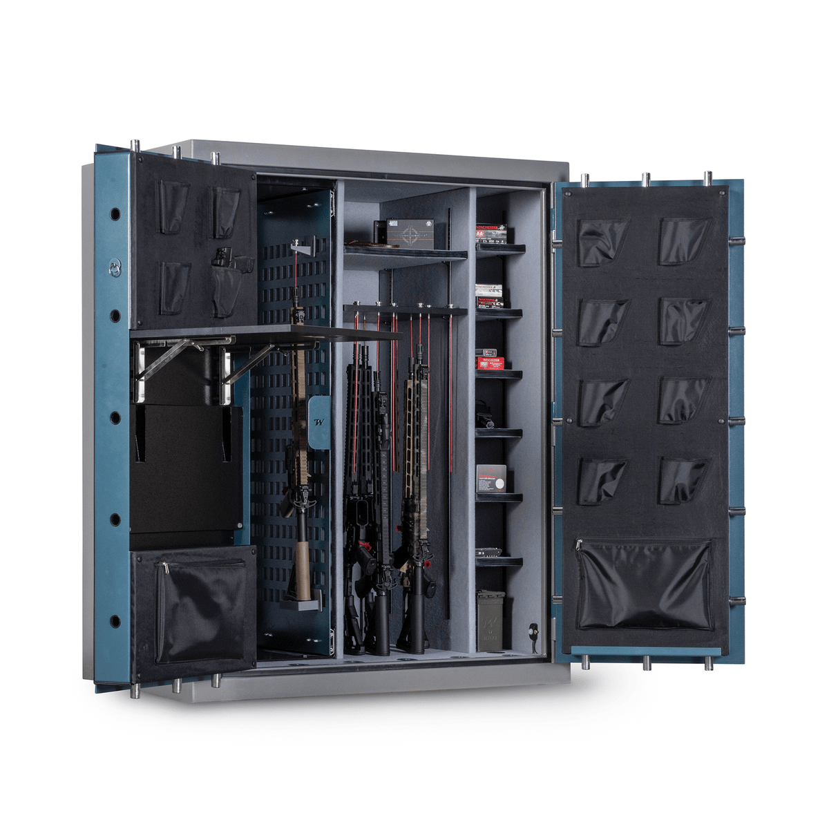 Winchester Evolution Bow Safe interior showing sliding grid panels, pull-up utility shelf, and adjustable side shelves