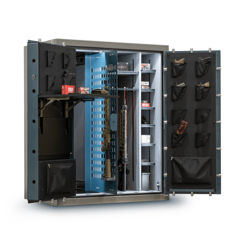 Winchester Evolution Bow Safe both doors open with long guns on sliding grid, ammo on side shelves, and pistol door panels