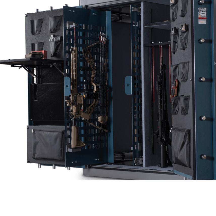 Winchester Evolution Bow Safe interior with camouflage compound bow hanging on sliding grid and long guns on side