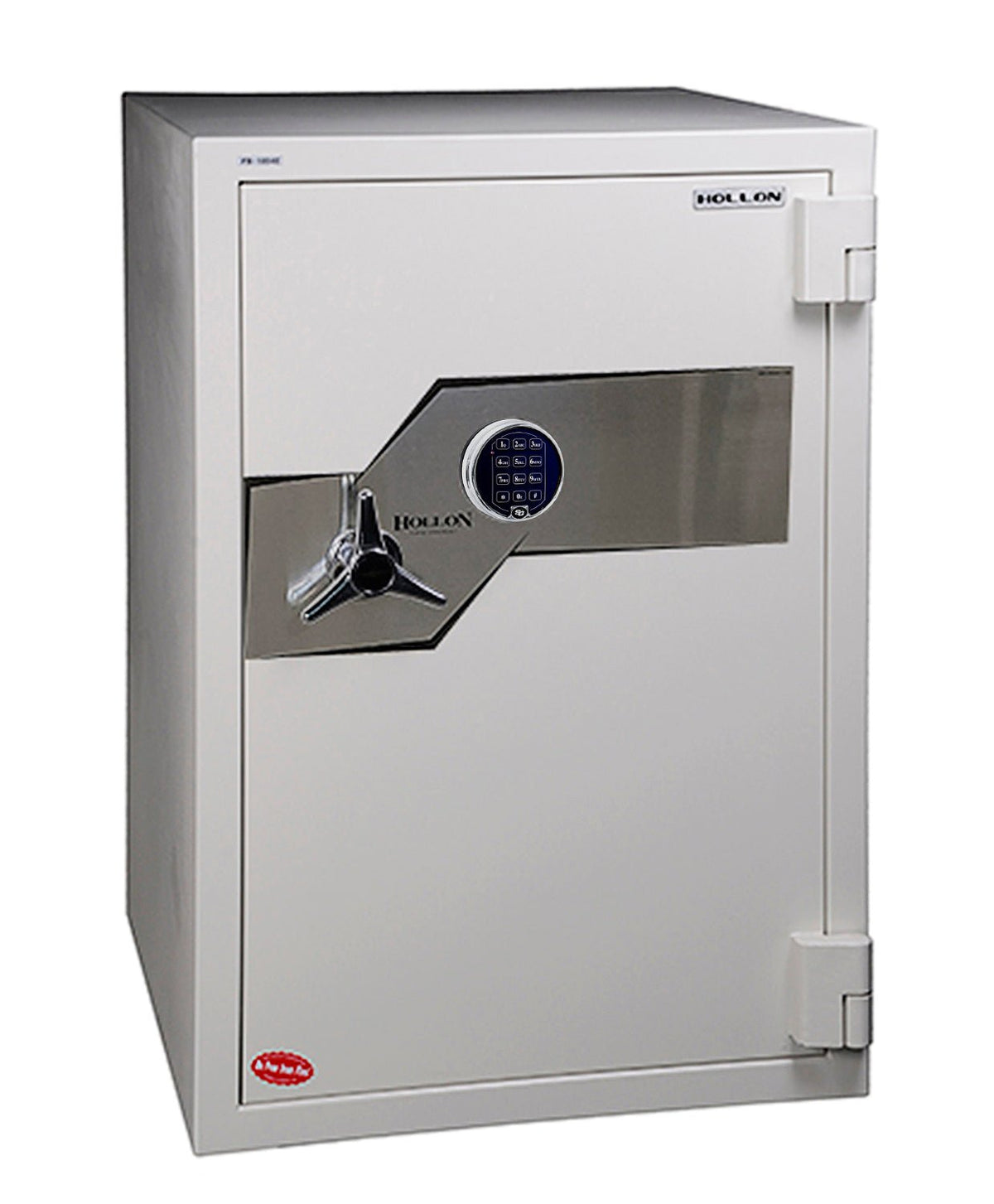 Hollon FB-1054E 2-hour fire and burglary Oyster Series safe in grey-white with S&G digital electronic keypad on the door front, chrome tri-spoke handle, four 1.5-inch front locking bolts plus top and bottom moving bolts and 1-inch vertical locking bar behind the door, 2-hour factory-tested fire rating at 1,850 degrees Fahrenheit, 748 pounds, 41.50 by 28-inch upright cabinet