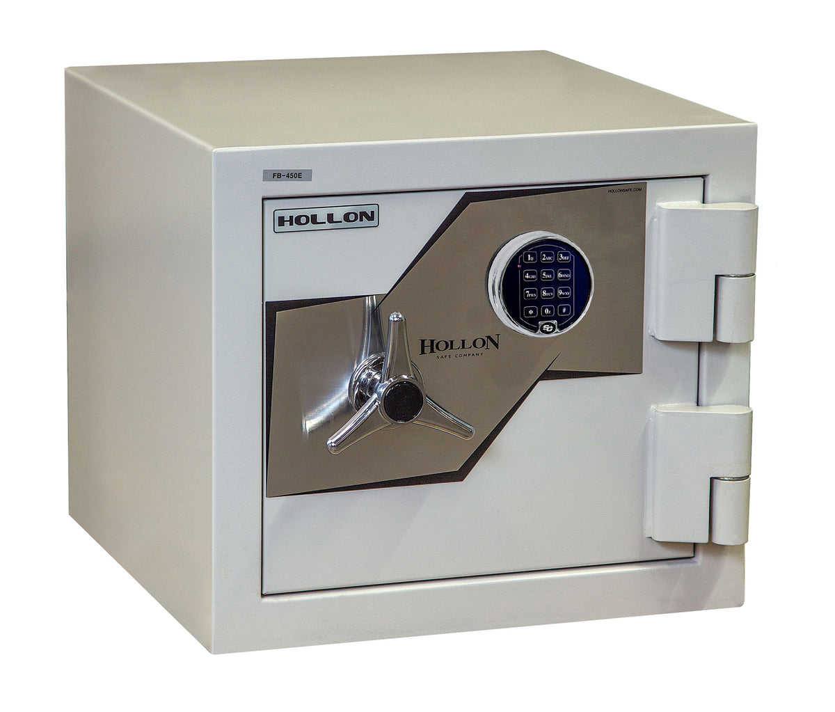 Hollon FB-450E 2-hour fire and burglary Oyster Series safe in grey-white with S&G digital electronic keypad on the door front, chrome tri-spoke handle, two 1.5-inch front locking bolts and 1-inch vertical locking bar behind the door, 2-hour fire rating at 1,850 degrees Fahrenheit, 215 pounds, 17.71 by 20-inch cabinet