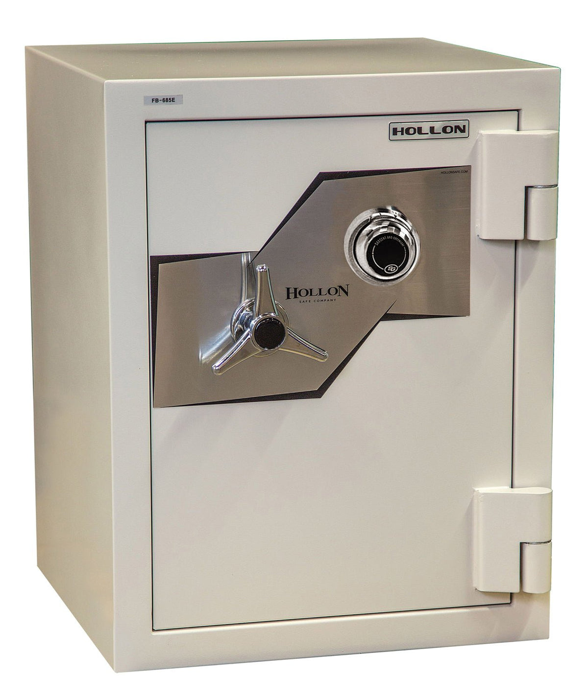 Hollon FB-685C 2-hour fire and burglary Oyster Series safe in grey-white with UL Listed S&G Group 2 mechanical dial combination lock on the door front, chrome tri-spoke handle, three 1.5-inch front locking bolts and 1-inch vertical locking bar behind the door, 2-hour fire rating at 1,850 degrees Fahrenheit, 354 pounds, 27 by 21-inch upright cabinet
