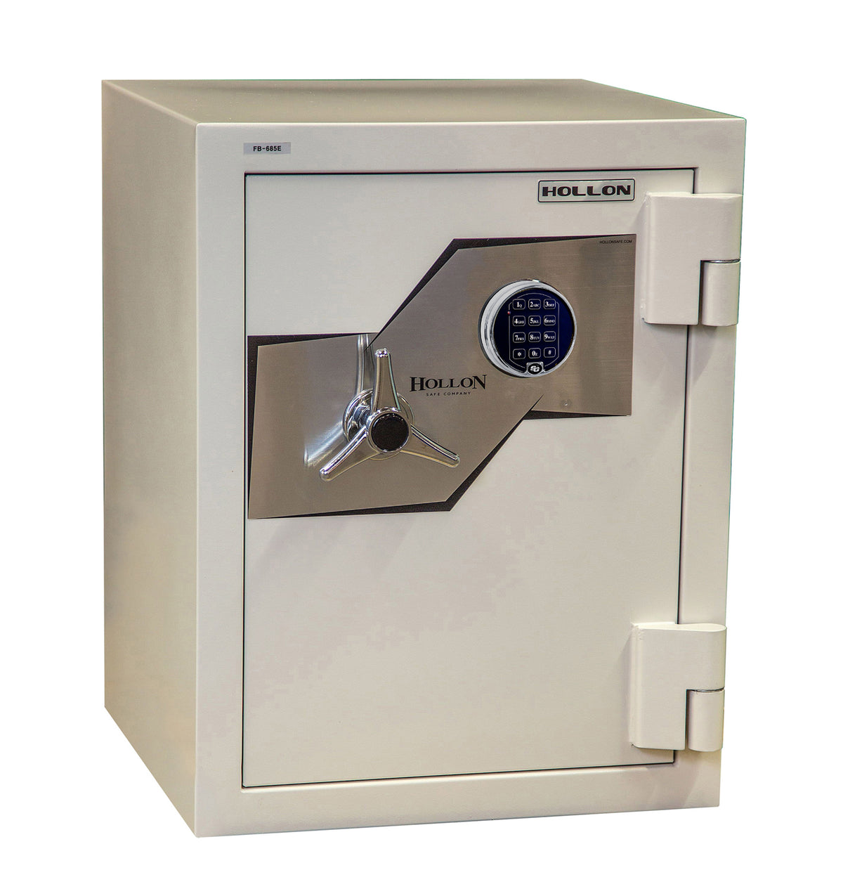 Hollon FB-685E 2-hour fire and burglary Oyster Series safe in grey-white with S&G digital electronic keypad on the door front, chrome tri-spoke handle, three 1.5-inch front locking bolts and 1-inch vertical locking bar behind the door, 2-hour fire rating at 1,850 degrees Fahrenheit, 354 pounds, 27 by 21-inch upright cabinet