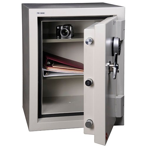 Hollon FB-685E 2-hour fire and burglary Oyster Series safe in grey-white with S&G digital electronic keypad on the door front, chrome tri-spoke handle, three 1.5-inch front locking bolts and 1-inch vertical locking bar behind the door, 2-hour fire rating at 1,850 degrees Fahrenheit, 354 pounds, 27 by 21-inch upright cabinet