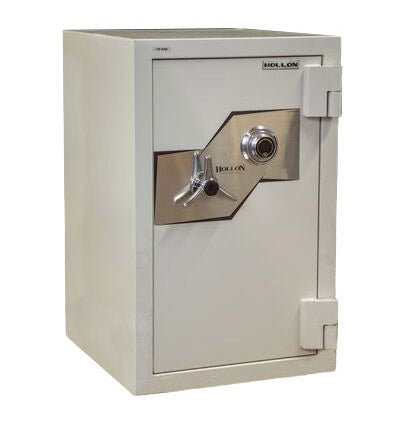 Hollon FB-845C 2-hour fire and burglary Oyster Series safe in grey-white with chrome UL Listed S&G Group 2 mechanical dial combination lock on the door front, chrome tri-spoke handle, three 1.5-inch front locking bolts and 1-inch vertical locking bar behind the door, 2-hour fire rating at 1,850 degrees Fahrenheit, 395 pounds, 33.25 by 21-inch upright cabinet