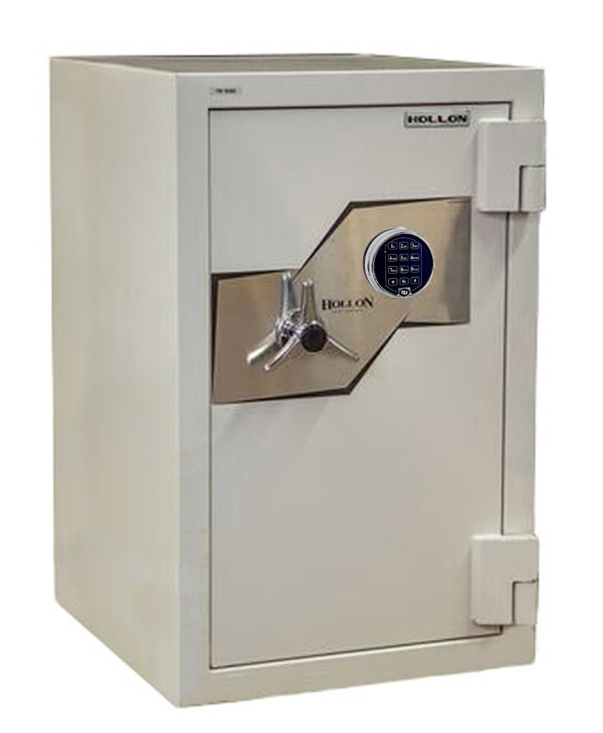 Hollon FB-845E 2-hour fire and burglary Oyster Series safe in grey-white with S&G digital electronic keypad on the door front, chrome tri-spoke handle, three 1.5-inch front locking bolts plus top and bottom moving bolts and 1-inch vertical locking bar behind the door, 2-hour fire rating at 1,850 degrees Fahrenheit, 395 pounds, 33.25 by 21-inch upright cabinet