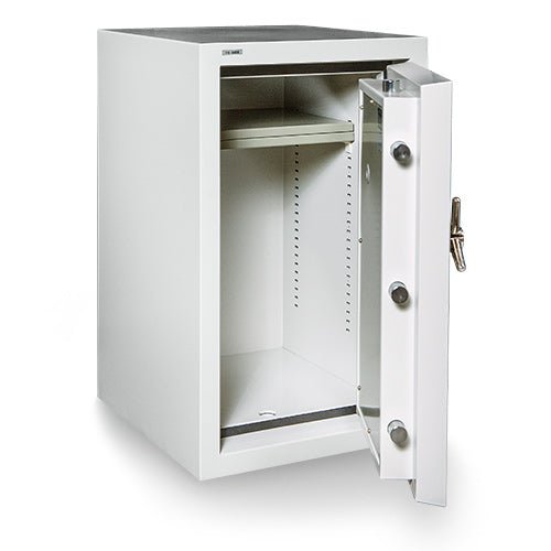 Hollon FB-845E fire and burglary safe in grey-white with door fully open showing the 3.632cubic foot interior compartment with two adjustable shelves, three 1.5-inch chrome moving front locking bolts plus top and bottom bolts on the door edge, 1-inch vertical locking bar along the hinge side of the door, heavy-duty vault-style hinges, glass relocker, and pre-drilled bottom anchor hole for concrete floor mounting