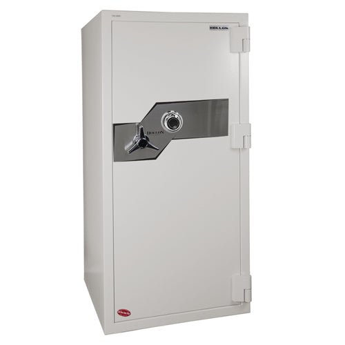 Hollon FB-1505C 2-hour fire and burglary Oyster Series safe in grey-white with UL Listed S&G Group 2 mechanical dial combination lock on the door front, chrome tri-spoke handle, four 1.5-inch front locking bolts plus top and bottom moving bolts and 1-inch vertical locking bar behind the door, 2-hour fire rating at 1,850 degrees Fahrenheit, 1,012 pounds, 59.25 by 28-inch tall upright cabinet
