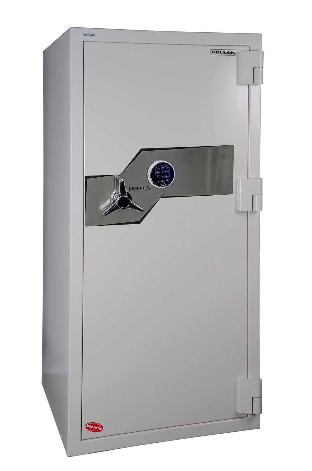 Hollon FB-1505E 2-hour fire and burglary Oyster Series safe in grey-white with S&G digital electronic keypad on the door front, chrome tri-spoke handle, four 1.5-inch front locking bolts plus top and bottom moving bolts and 1-inch vertical locking bar behind the door, 2-hour fire rating at 1,850 degrees Fahrenheit, 1,012 pounds, 59.25 by 28-inch tall upright cabinet