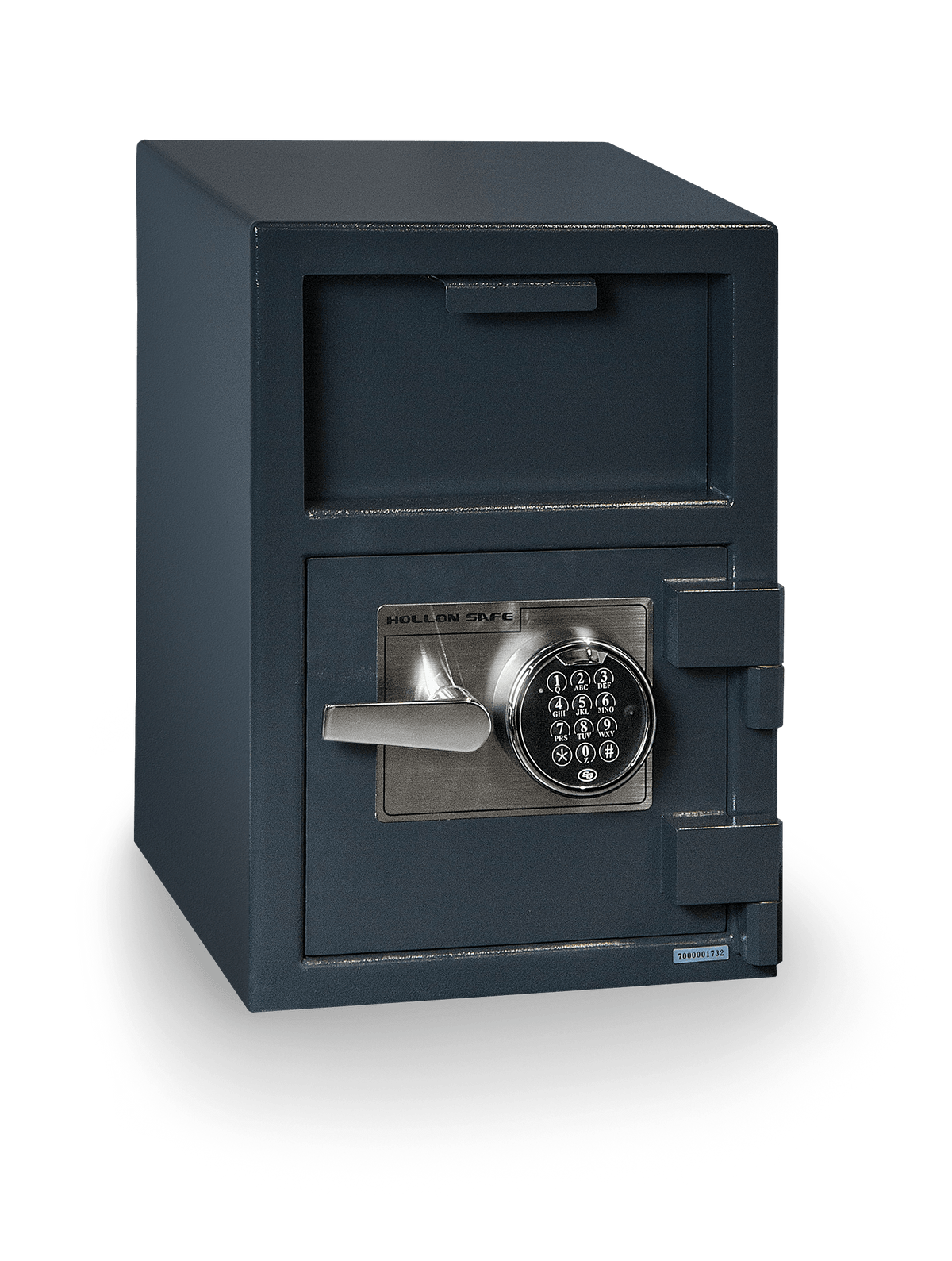 Hollon FD-2014E depository safe closed, charcoal gray body with front-load deposit slot and S&G Type 1 electronic keypad