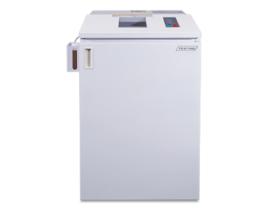 Formax FD-8714HS high security NSA listed optical media shredder, full unit floor-standing cabinet with feed slot, LED control panel, and side handle, front view