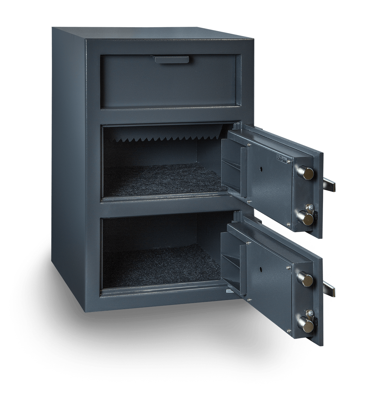 Hollon FDD-3020 both compartment doors open, showing anti-fish baffle, dual compartments, and locking bolts on each door