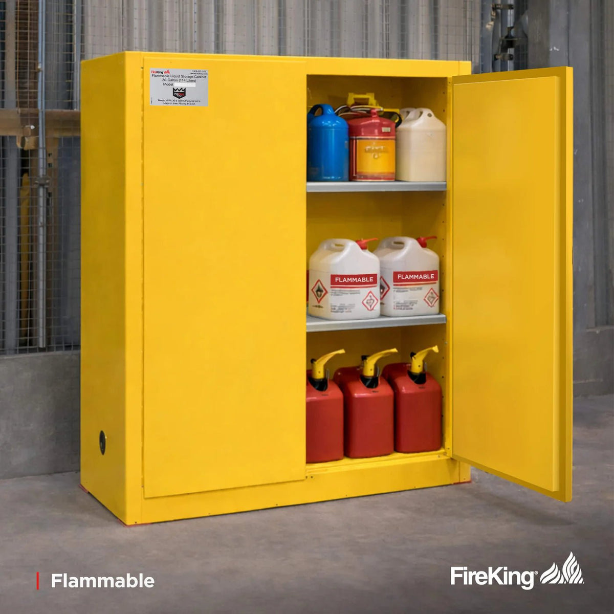 FireKing SC30 30-gallon flammable safety cabinet in yellow installed in a warehouse setting with the right door fully open, showing two galvanized adjustable shelves stocked with a blue plastic jug, a red-and-yellow safety can, a white flammable liquid container on the top shelf, two white FLAMMABLE-labeled jugs on the middle shelf, and three red gasoline safety cans with yellow pour spouts on the bottom leakproof containment sump