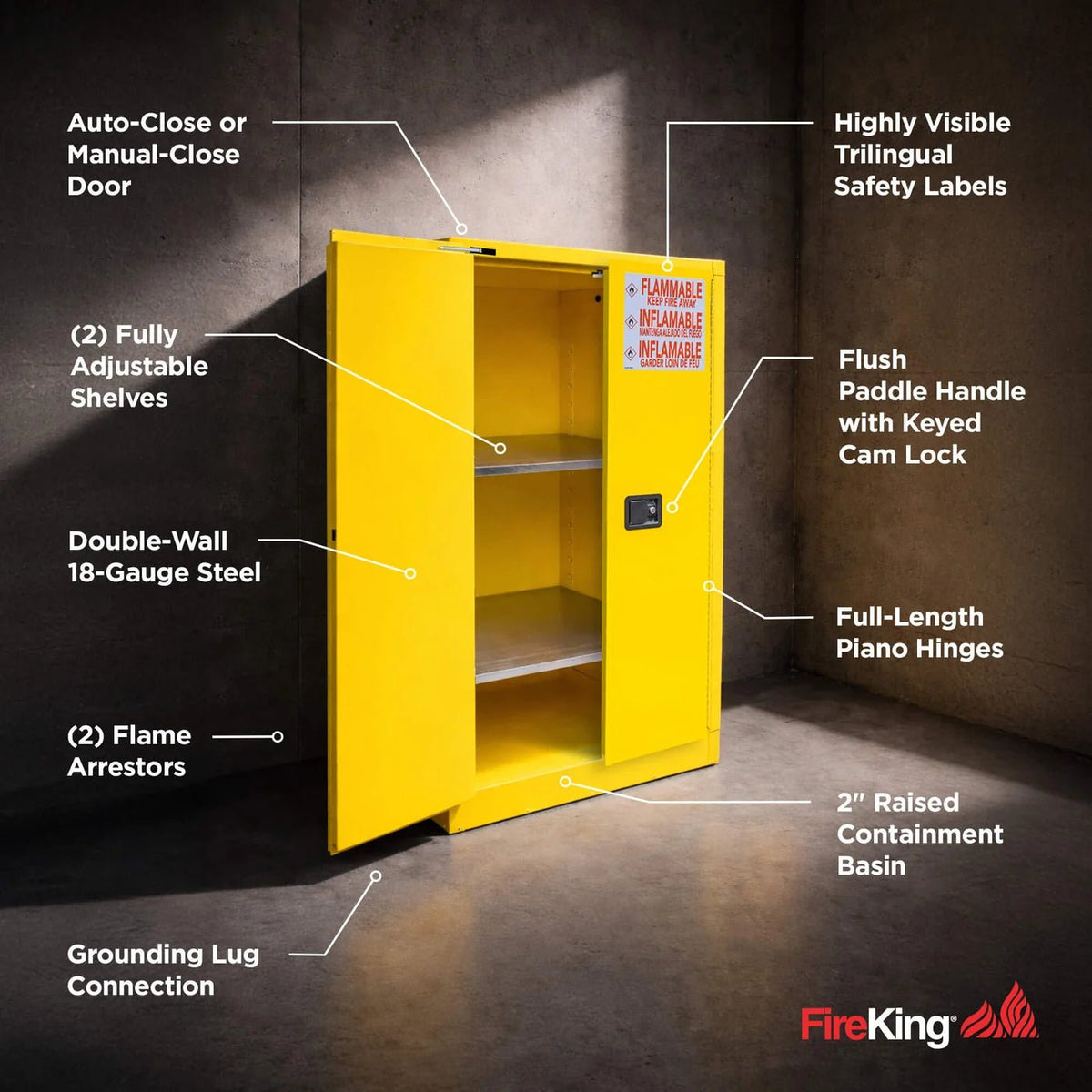 FireKing SC45 flammable safety cabinet features callout diagram showing a yellow 45-gallon cabinet with the left door open exposing two galvanized adjustable interior shelves, with labeled callouts pointing to: Auto-Close or Manual-Close Door, Highly Visible Trilingual Safety Labels, Flush Paddle Handle with Keyed Cam Lock, Full-Length Piano Hinges, 2-Inch Raised Containment Basin, Grounding Lug Connection, Two Flame Arrestors, Double-Wall 18-Gauge Steel construction, and Two Fully Adjustable Shelves