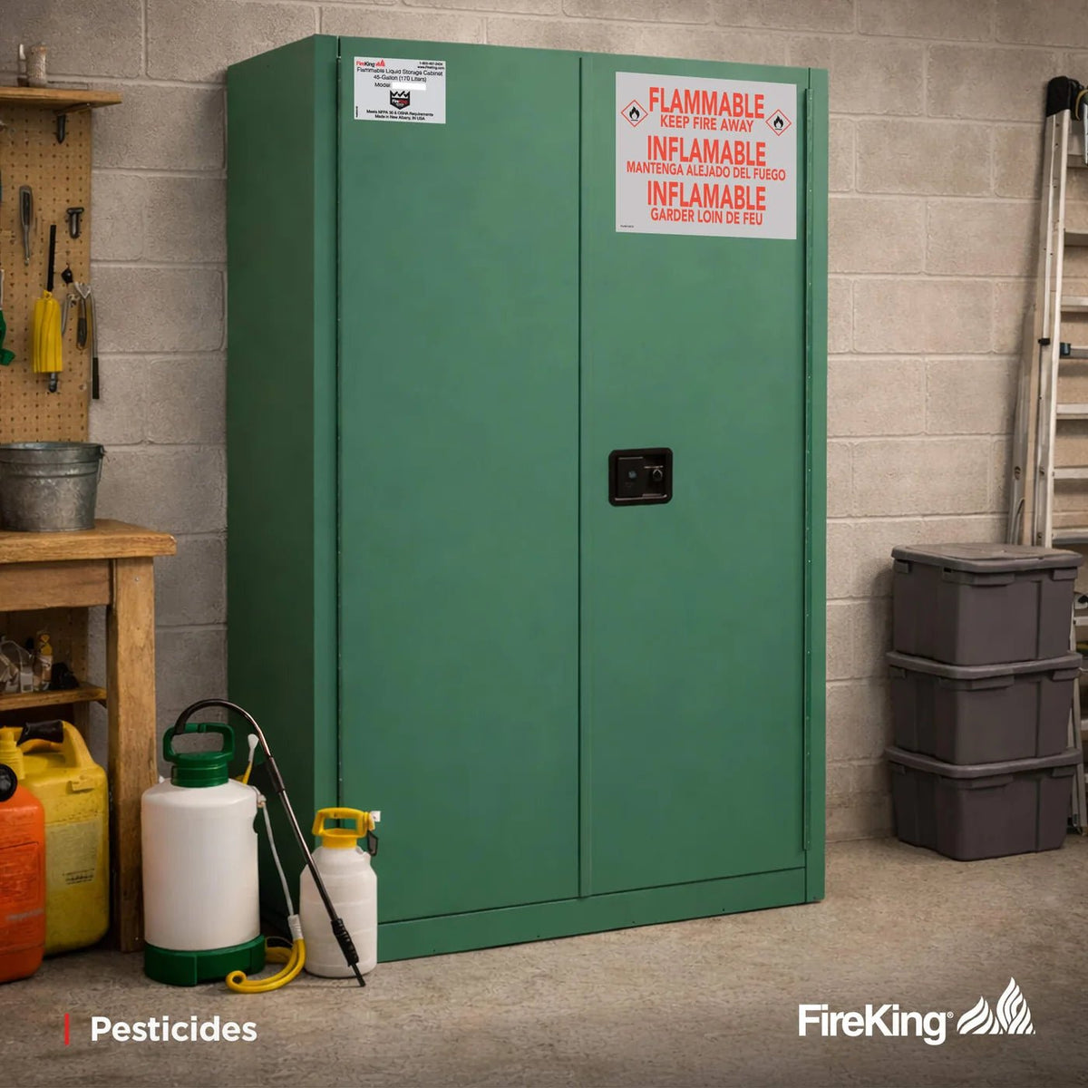 FireKing SC45 45-gallon flammable safety cabinet in green installed in a garden shed or tool room for pesticide storage, shown alongside pump sprayers, a red gas can, plastic yellow safety cans, gray storage bins, a wooden workbench with pegboard hand tools, and an aluminum extension ladder