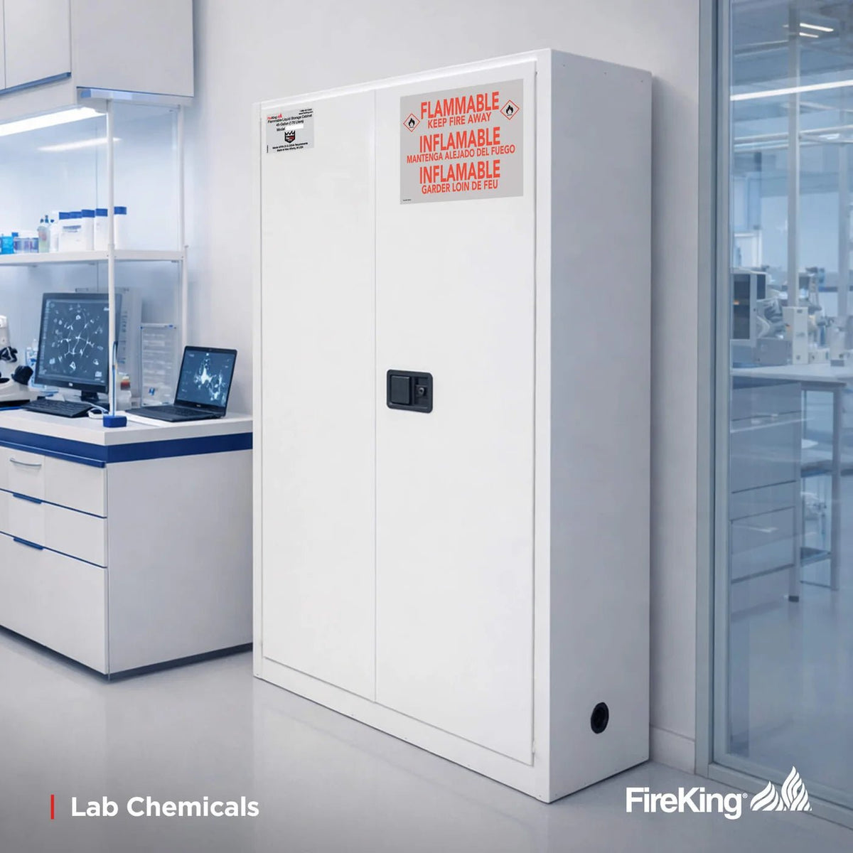 FireKing SC45 45-gallon flammable safety cabinet in platinum off-white installed against the wall of a modern laboratory with microscope, laptop workstation, and glass-partition lab equipment visible in the background, showing the tall upright cabinet form factor suited for lab chemical storage