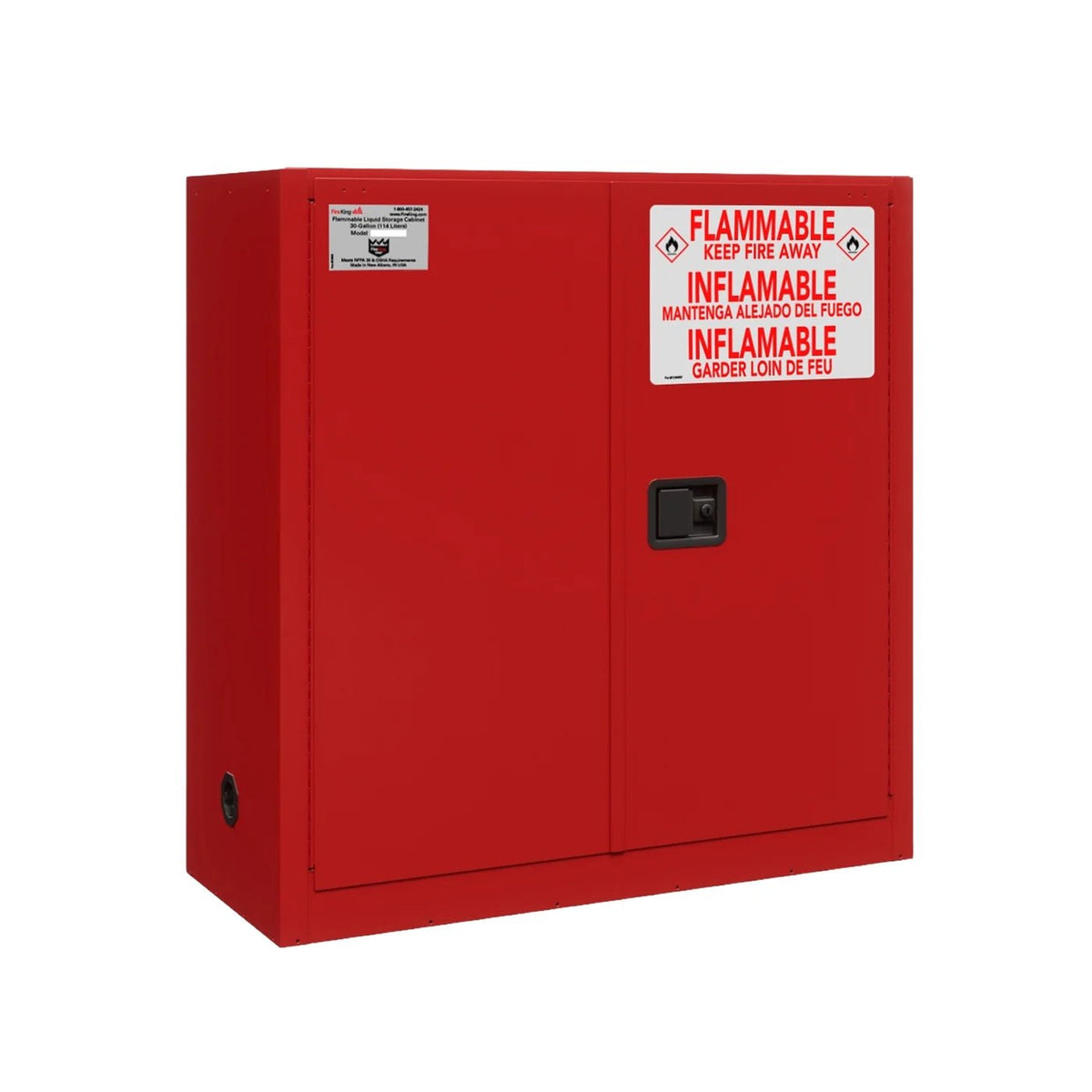 FireKing SC30 30-gallon safety cabinet in red for combustible liquid storage such as paints and inks, shown with two manual-close doors, black keyed cam paddle handle, trilingual FLAMMABLE / INFLAMMABLE warning label in English, Spanish, and French, FireKing product plate, and a two-inch flame arrestor grommet on the lower left side wall