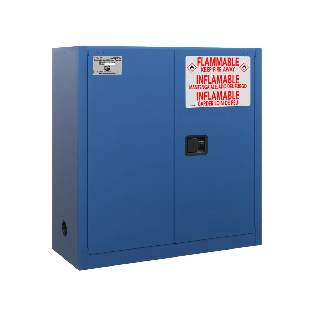 FireKing SC30 30-gallon safety cabinet in blue for corrosive storage of acids and oxidizers, shown with two manual-close doors, black keyed cam paddle handle, trilingual FLAMMABLE / INFLAMMABLE warning label in English, Spanish, and French, FireKing product plate, and a two-inch flame arrestor grommet on the lower left side wall