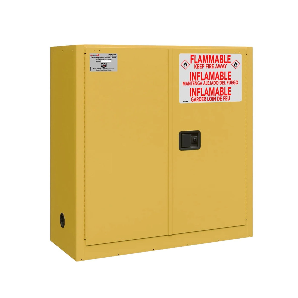 FireKing SC30 30-gallon flammable safety cabinet in yellow with two manual-close doors, black keyed cam paddle handle, trilingual FLAMMABLE / INFLAMMABLE warning label in English, Spanish, and French, FireKing product plate showing 30-gallon 114-liter NFPA 30 and OSHA compliance made in New Albany, IN USA, and a two-inch flame arrestor grommet visible on the lower left side wall