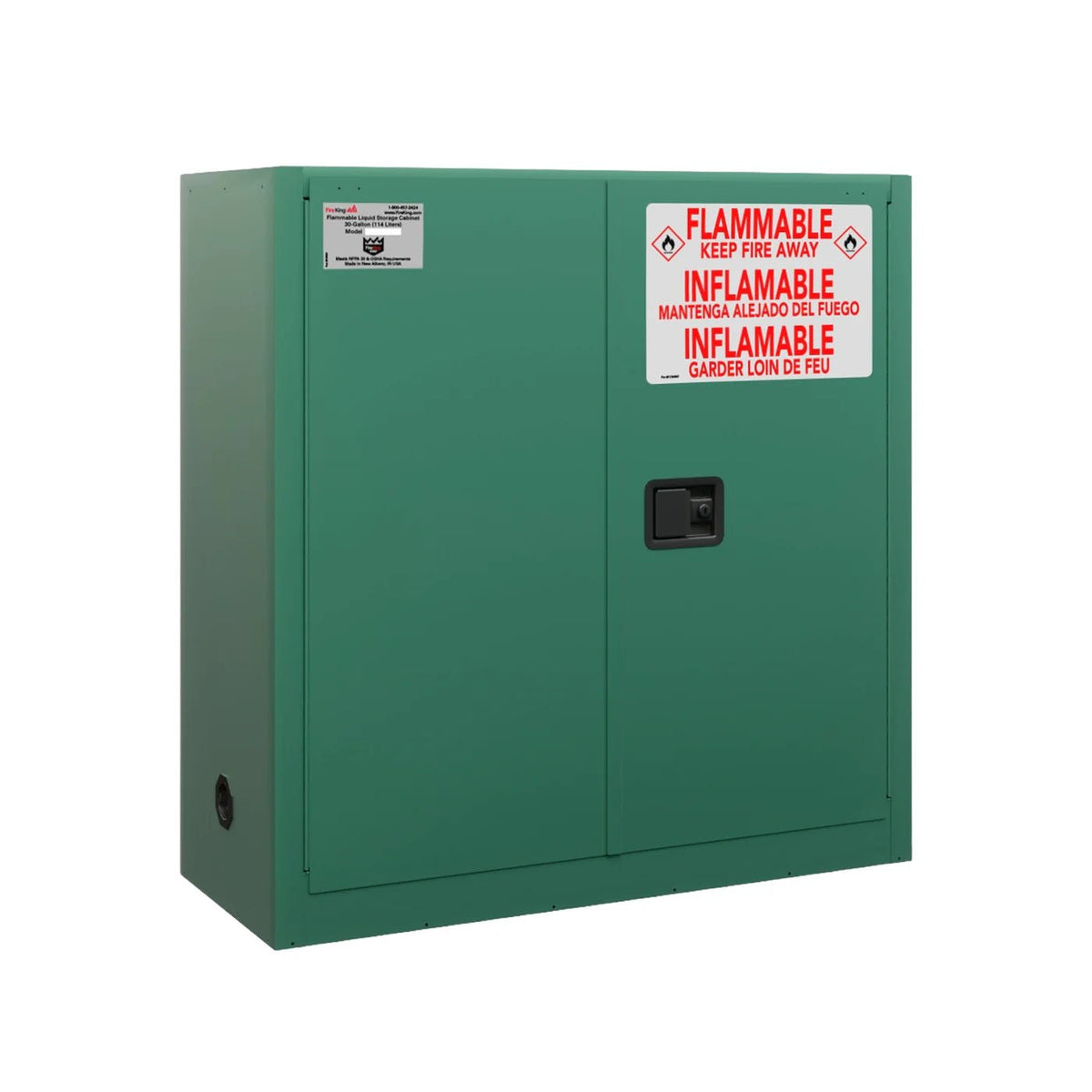 FireKing SC30 30-gallon safety cabinet in green for pesticide and insecticide storage, shown with two manual-close doors, black keyed cam paddle handle, trilingual FLAMMABLE / INFLAMMABLE warning label in English, Spanish, and French, FireKing product plate, and a two-inch flame arrestor grommet on the lower left side wall