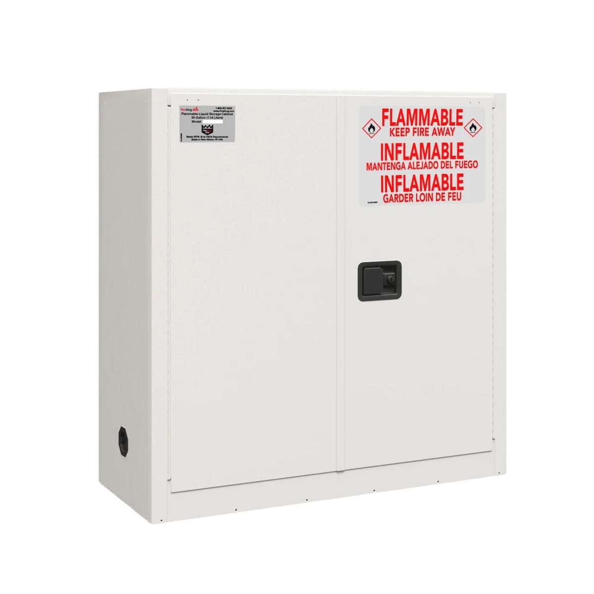 FireKing SC30 30-gallon safety cabinet in platinum off-white for lab chemical storage, shown with two manual-close doors, black keyed cam paddle handle, trilingual FLAMMABLE / INFLAMMABLE warning label in English, Spanish, and French, FireKing product plate, and a two-inch flame arrestor grommet on the lower left side wall