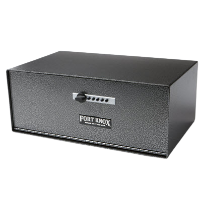 A sturdy Fort Knox 20" CAB Controlled Access Box (CAB 20) with a metallic finish and front lock, isolated on a black background.