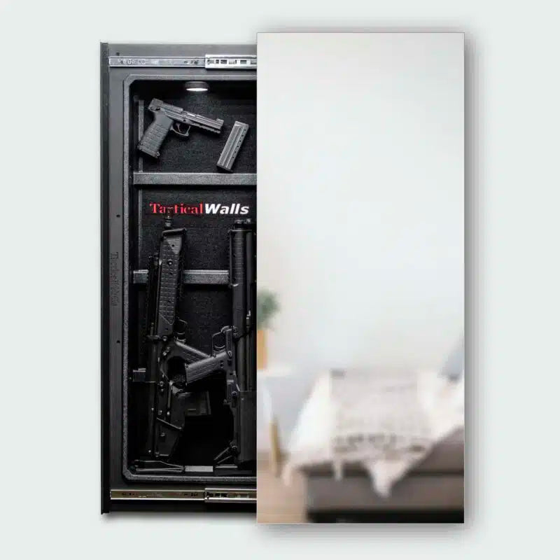 Tactical Walls 1440 Frameless Concealment Mirror Open with Rifles &amp; Handguns