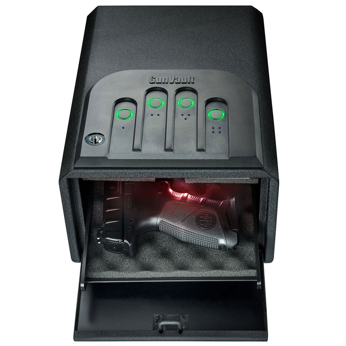 GunVault GV1050-19 MiniVault Handgun Safe Door Open with Handgun & Red Light
