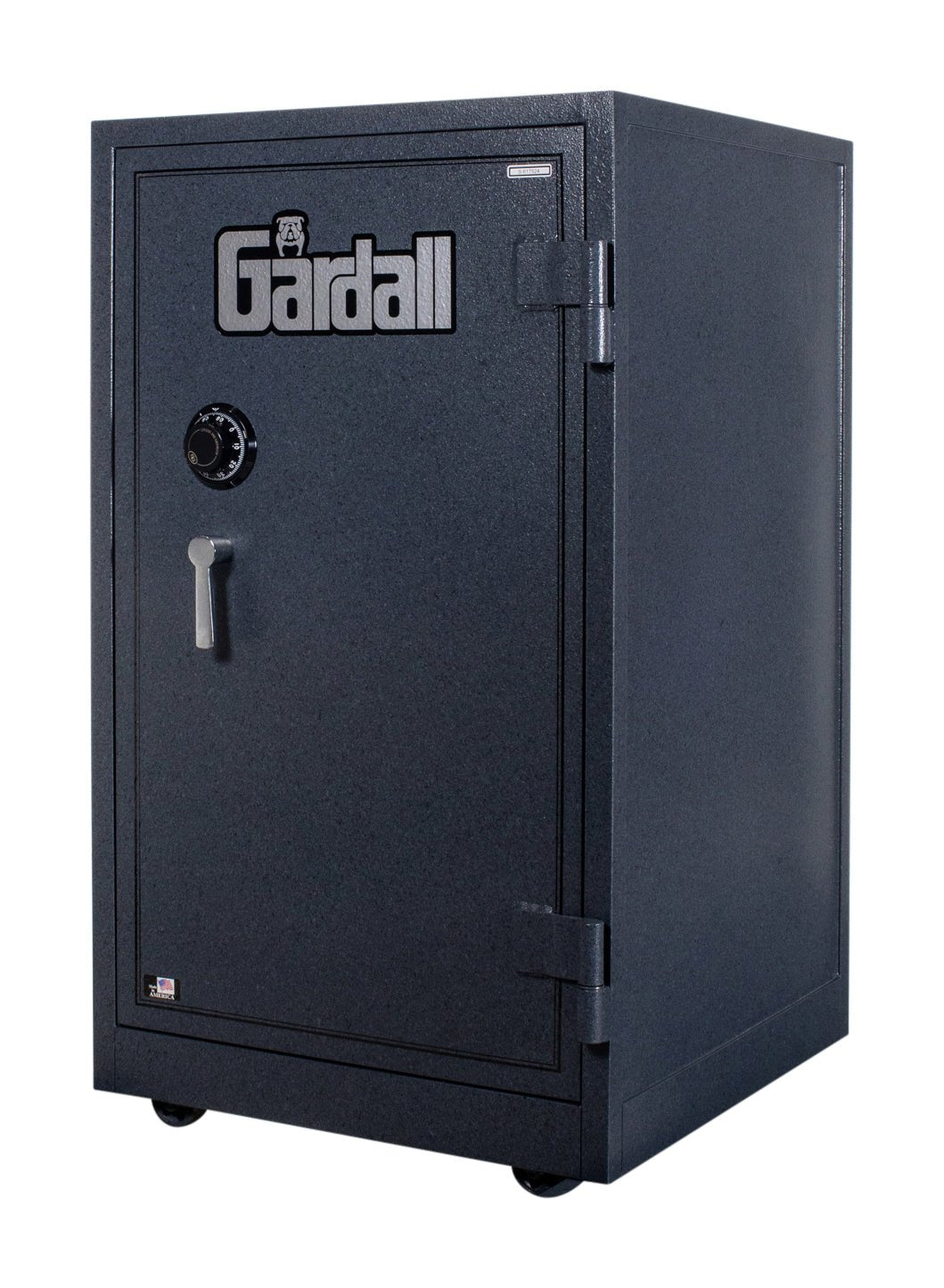Gardall 3620 Burglar Fire Safe in grey finish with castors installed.