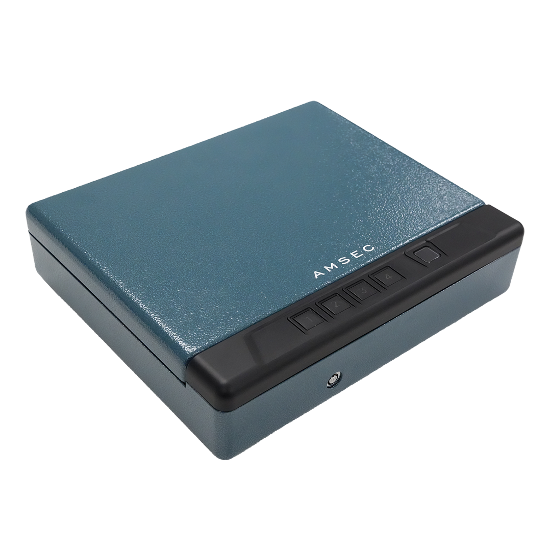 AMSEC Guardian Pro 5 (Model PB5) biometric pistol safe in textured medium blue with finger-swipe biometric reader and 5-digit electronic keypad on the top-mounted door, compact 11.75 by 10-inch footprint at 2.75 inches tall for nightstand, drawer, or vehicle installation