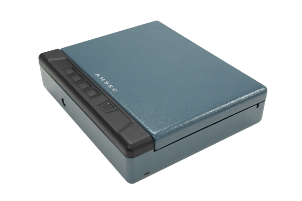 AMSEC Guardian Pro 5 biometric pistol safe in textured medium blue shown from a side angle with the top door closed, dual latch closure and reinforced hinges visible along the edge of the compact 14-gauge steel body