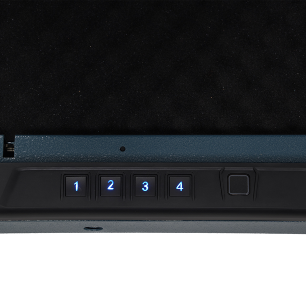 Close-up detail of the AMSEC Guardian Pro 5 pistol safe control panel showing the finger-swipe biometric reader, 5-digit electronic keypad, and built-in LED indicator lights on the top-mounted door