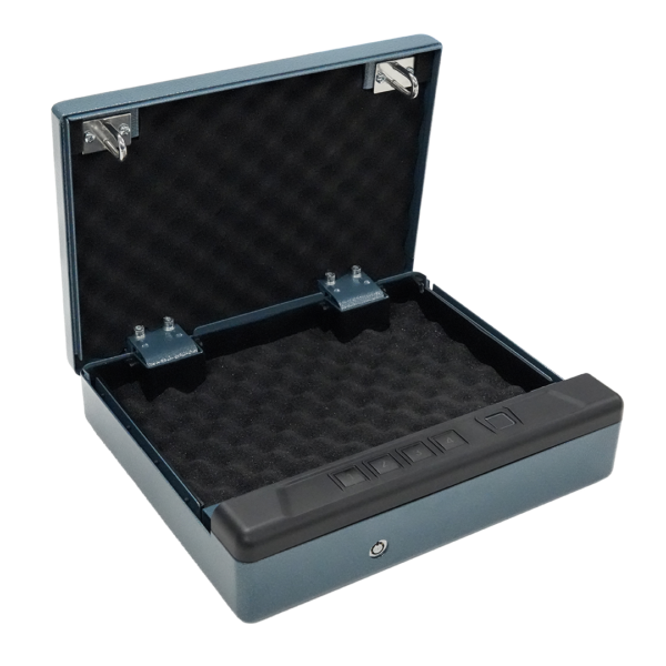AMSEC Guardian Pro 5 biometric pistol safe in textured medium blue with the top door fully open showing the empty customizable foam-lined interior compartment sized to hold up to two handguns, with built-in LED lighting and reinforced interior hinges