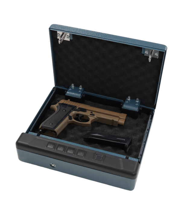 AMSEC Guardian Pro 5 biometric pistol safe in textured medium blue with the top door open showing the foam-lined interior holding a handgun and accessories, LED interior lighting, and the soft-landing auto-opening lid mechanism