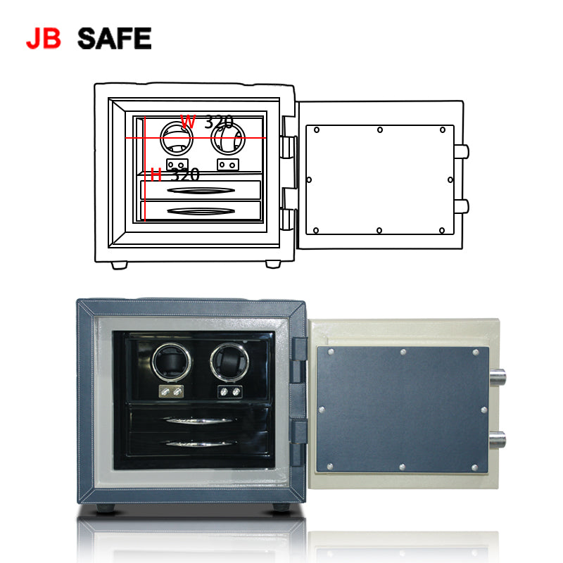 JB Watch Winder & Jewelry Safe Fireproof 2 Jewelry Drawers & 2 Watch Winders Door Open 90 Degrees