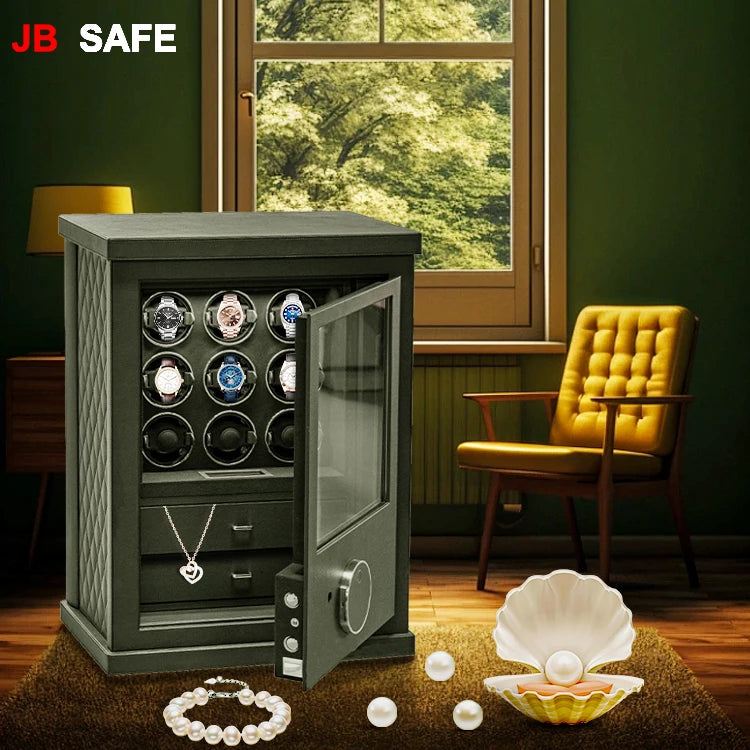 JB Watch Winder & Jewelry Safe 2 Jewelry Drawers & 9 Watch Winders