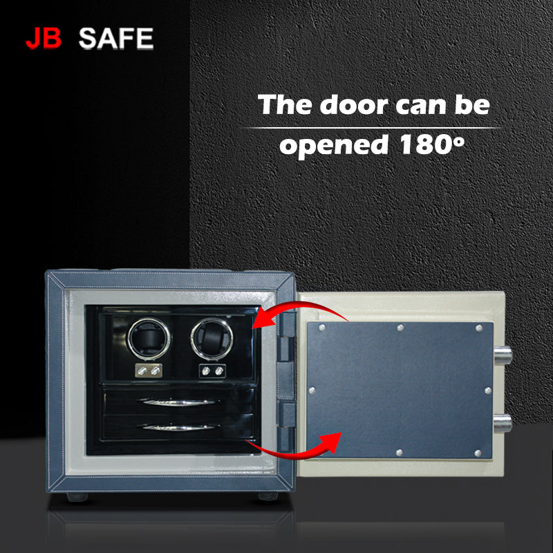 JB Watch Winder & Jewelry Safe Fireproof 2 Jewelry Drawers & 2 Watch Winders Door Open 90 Degrees