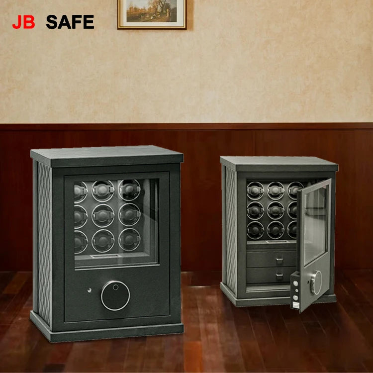JB Watch Winder &amp; Jewelry Safe 1 Jewelry Drawer &amp; 12 Watch Winders On Wood Floor Open &amp; Closed
