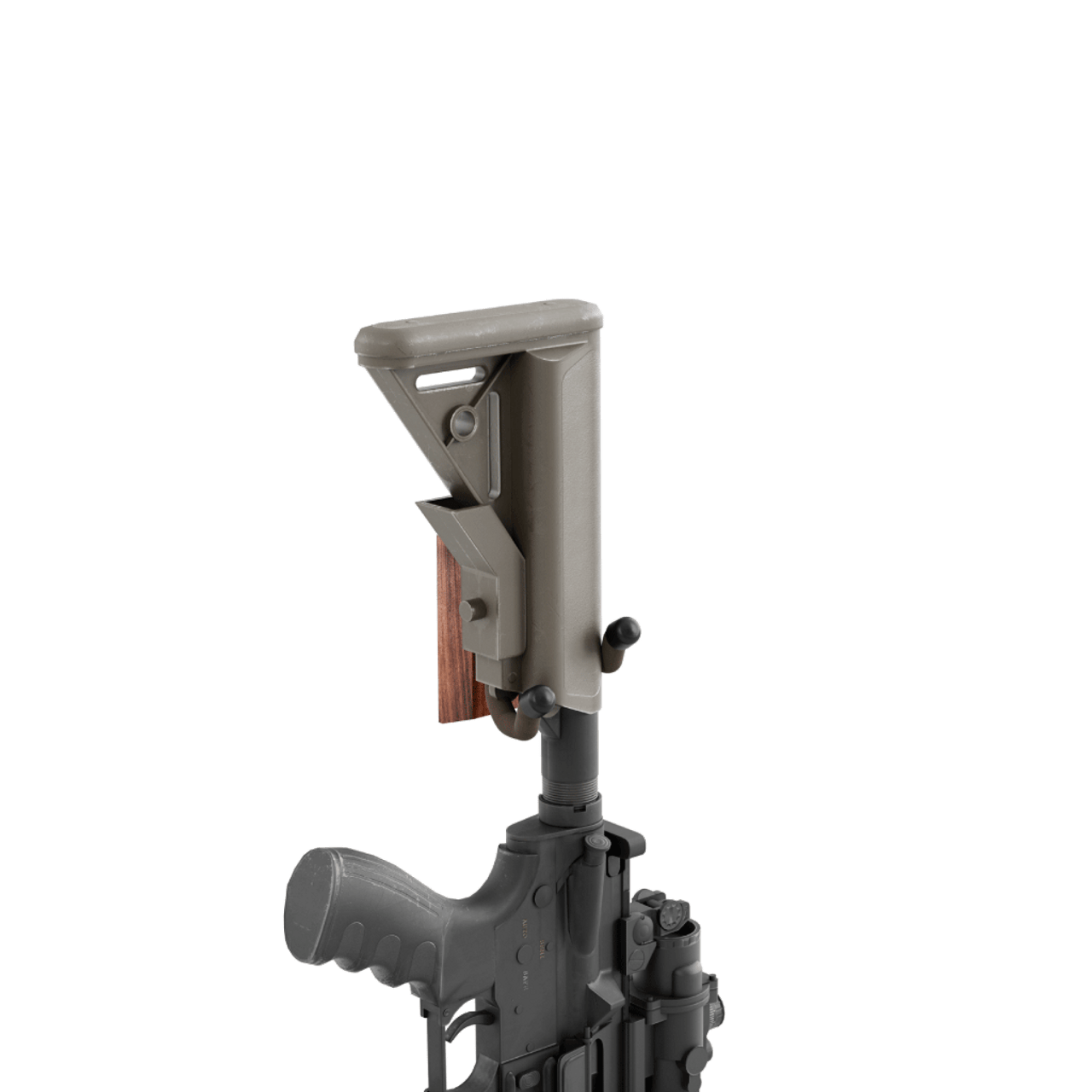 Close-up of a rifle with a scope attachment on a transparent background